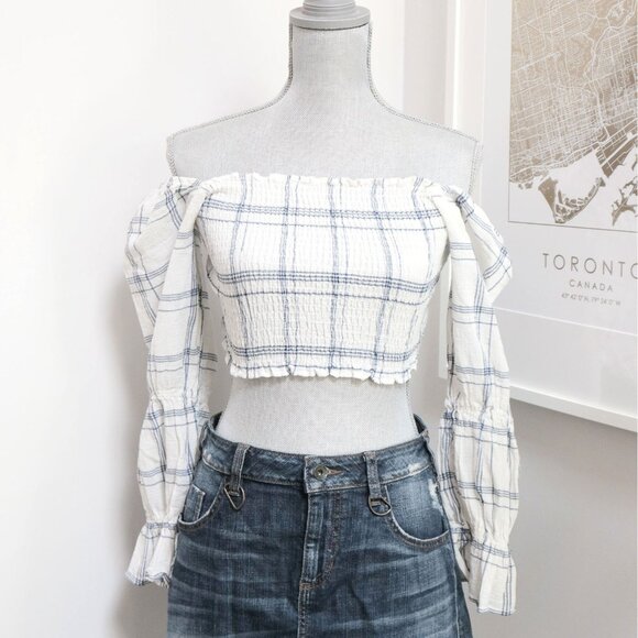 ZARA White & Blue Plaid Milkmaid Crop Top - Picture 1 of 3